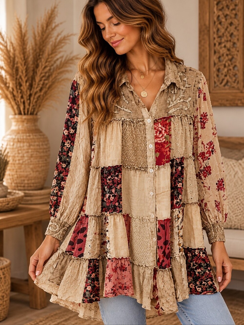 Boho Patchwork Tiered Button-Front Tunic Top - Beige & Red Floral